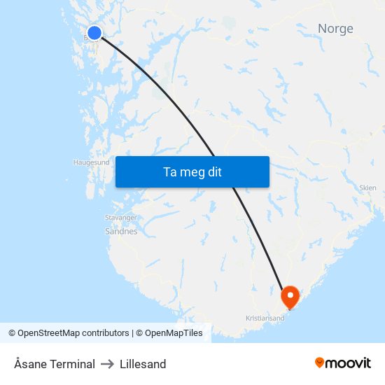 Åsane Terminal to Lillesand map