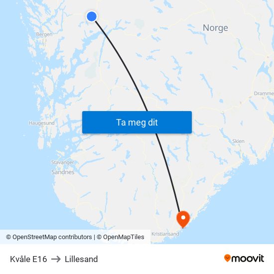 Kvåle E16 to Lillesand map