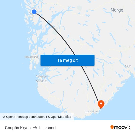 Gaupås Kryss to Lillesand map