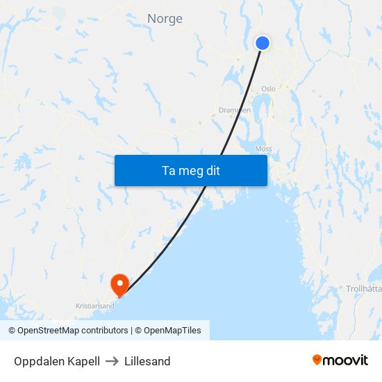 Oppdalen Kapell to Lillesand map