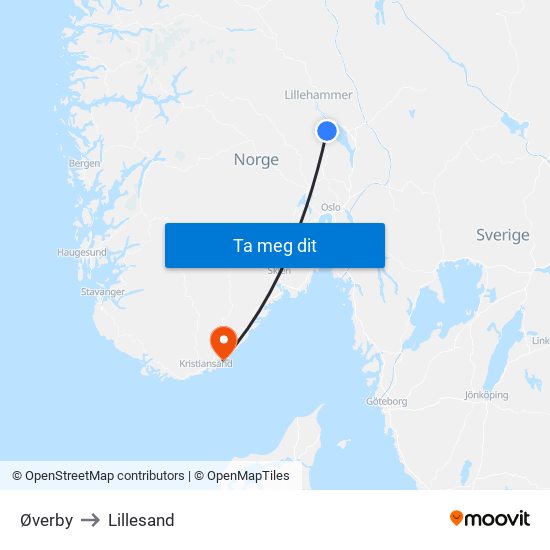 Øverby to Lillesand map