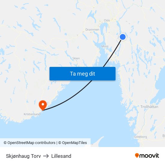 Skjønhaug Torv to Lillesand map