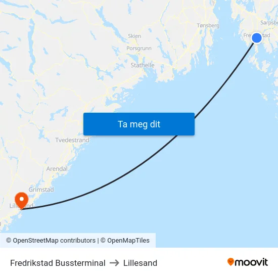 Fredrikstad Bussterminal to Lillesand map