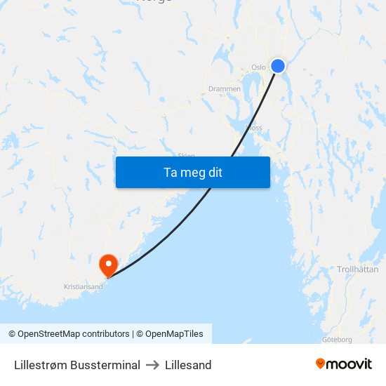 Lillestrøm Bussterminal to Lillesand map
