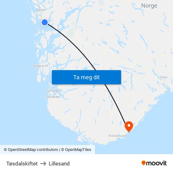 Tøsdalskiftet to Lillesand map