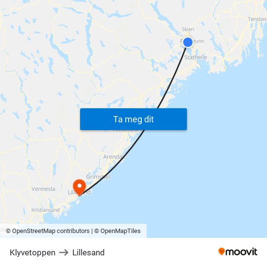 Klyvetoppen to Lillesand map