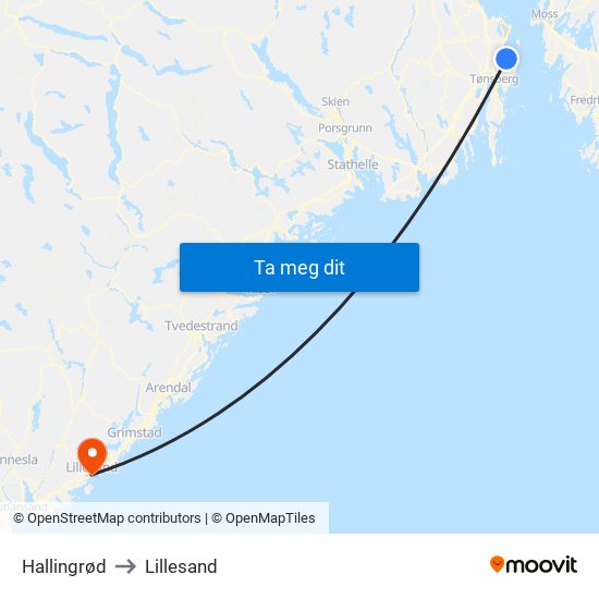 Hallingrød to Lillesand map