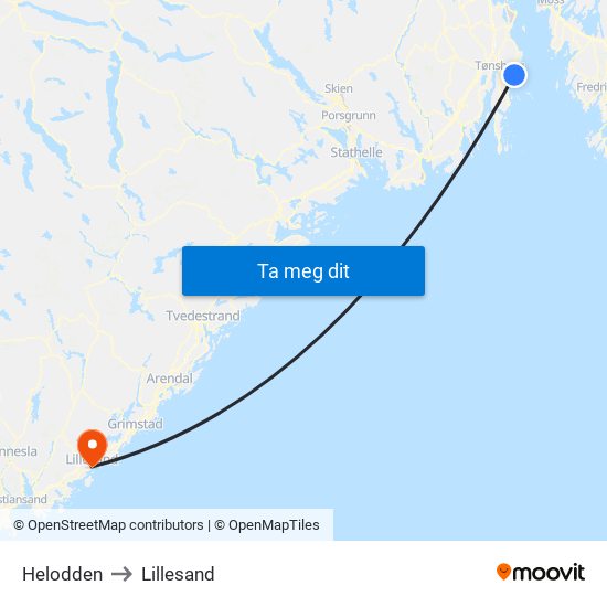 Helodden to Lillesand map