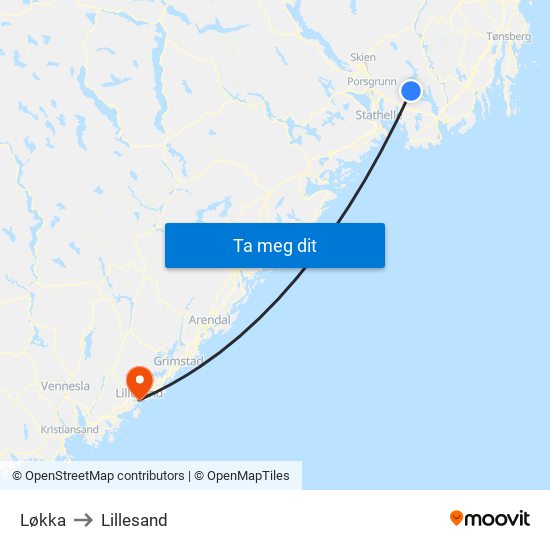 Løkka to Lillesand map