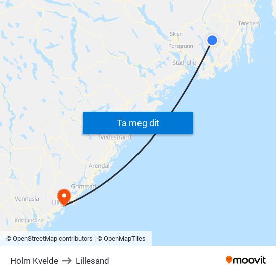 Holm Kvelde to Lillesand map