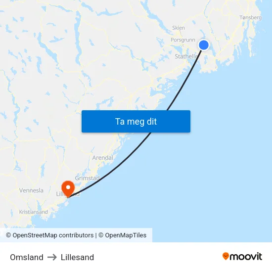 Omsland to Lillesand map
