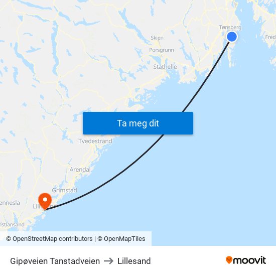 Gipøveien Tanstadveien to Lillesand map