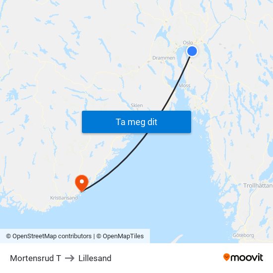 Mortensrud T to Lillesand map