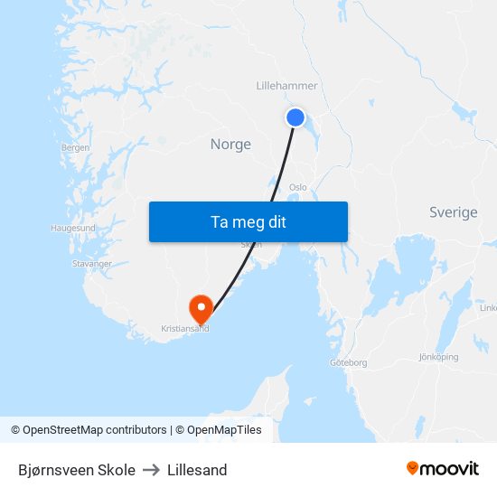 Bjørnsveen Skole to Lillesand map