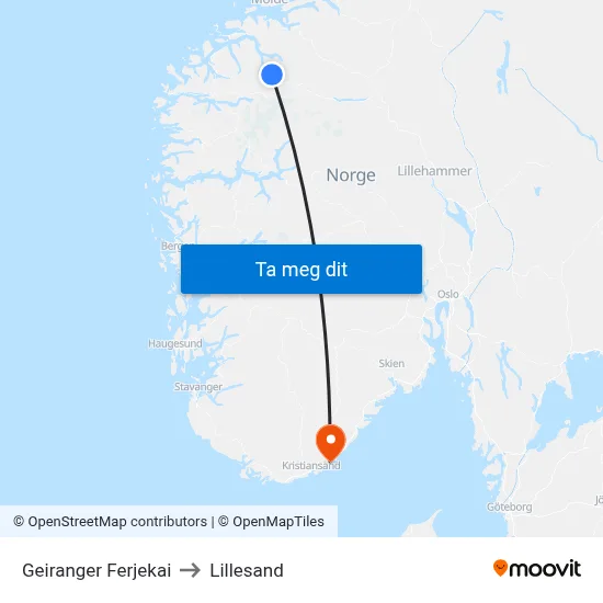 Geiranger Ferjekai to Lillesand map