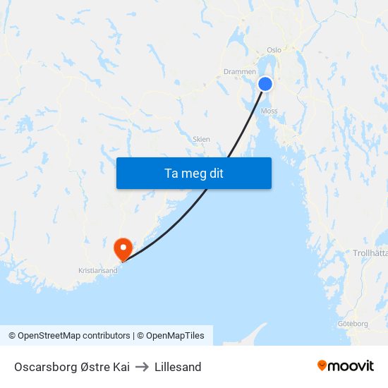 Oscarsborg Østre Kai to Lillesand map