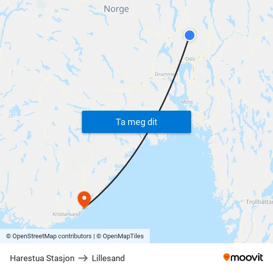 Harestua Stasjon to Lillesand map
