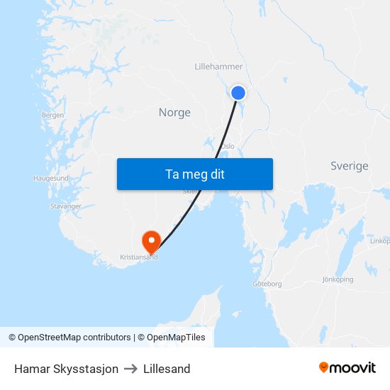 Hamar Skysstasjon to Lillesand map