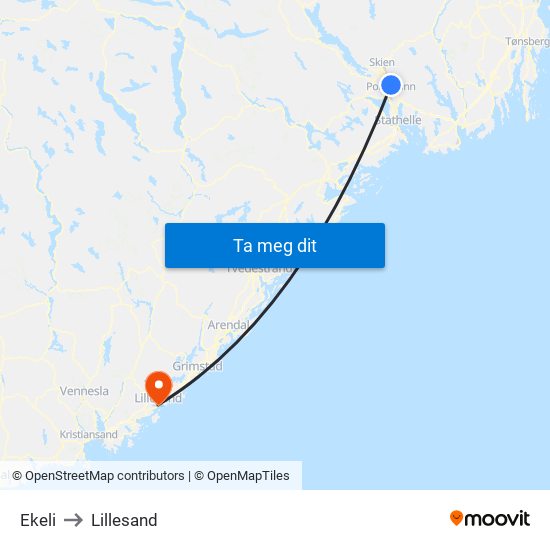 Ekeli to Lillesand map