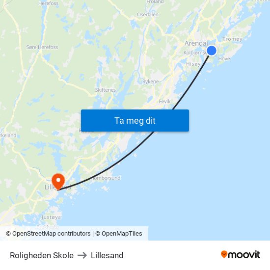 Roligheden Skole to Lillesand map