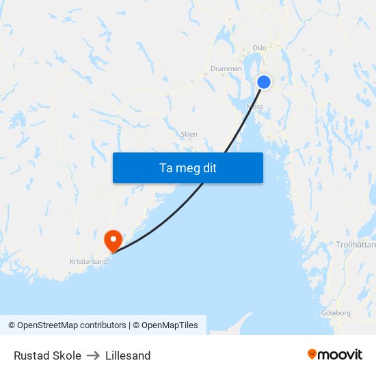 Rustad Skole to Lillesand map