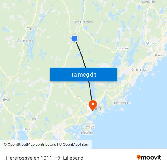 Herefossveien 1011 to Lillesand map