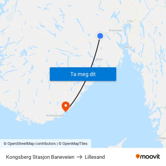 Kongsberg Stasjon Baneveien to Lillesand map