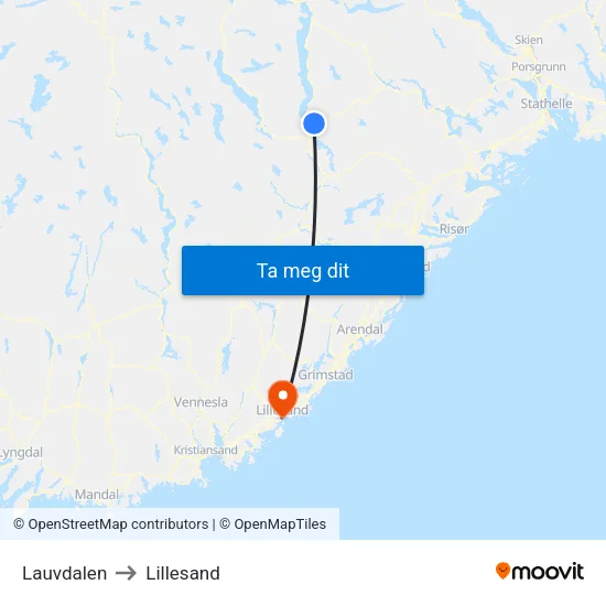 Lauvdalen to Lillesand map