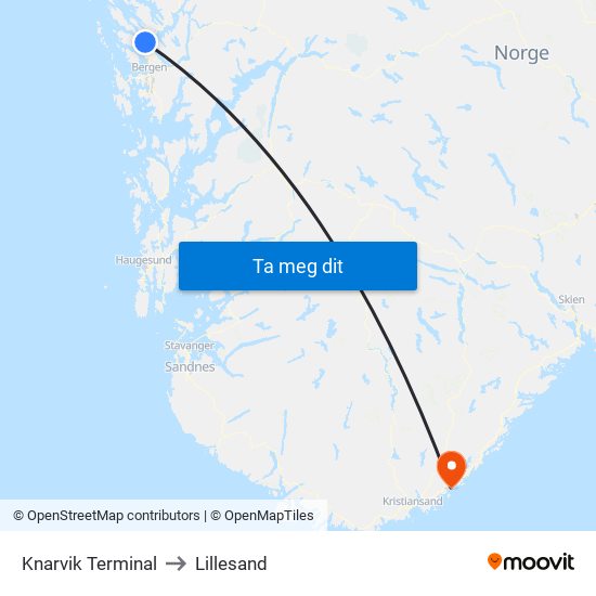 Knarvik Terminal to Lillesand map