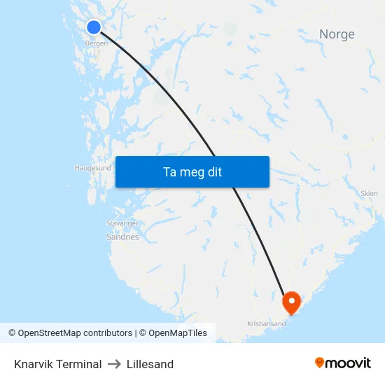 Knarvik Terminal to Lillesand map