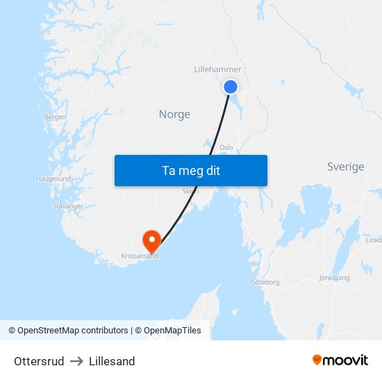 Ottersrud to Lillesand map