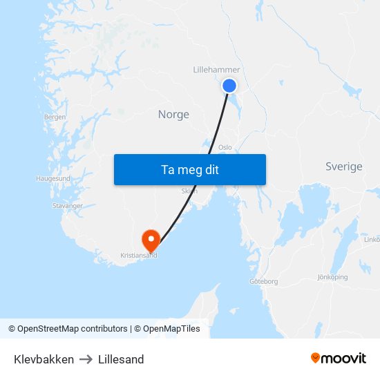 Klevbakken to Lillesand map