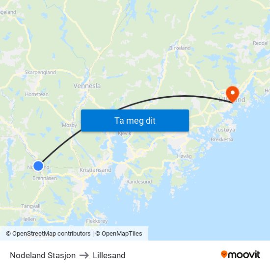 Nodeland Stasjon to Lillesand map