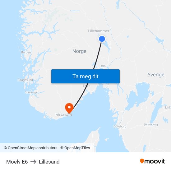 Moelv E6 to Lillesand map