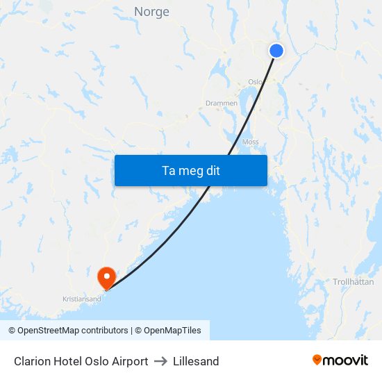 Clarion Hotel Oslo Airport to Lillesand map