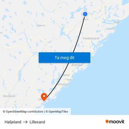 Høljeland to Lillesand map