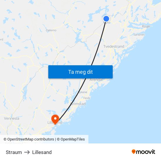 Straum to Lillesand map