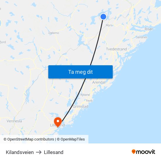 Kilandsveien to Lillesand map