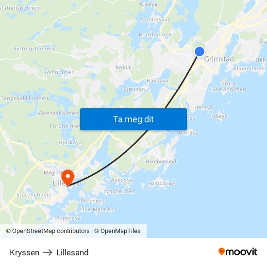 Kryssen to Lillesand map