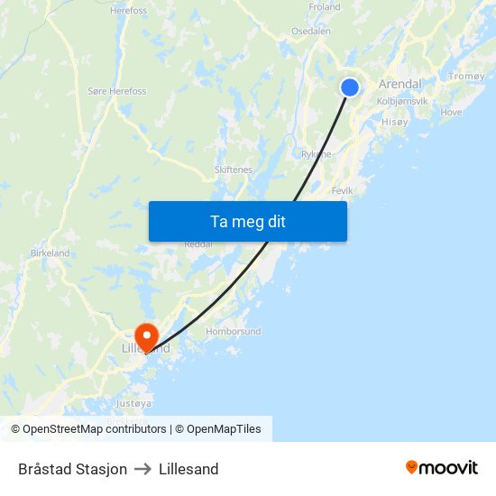 Bråstad Stasjon to Lillesand map