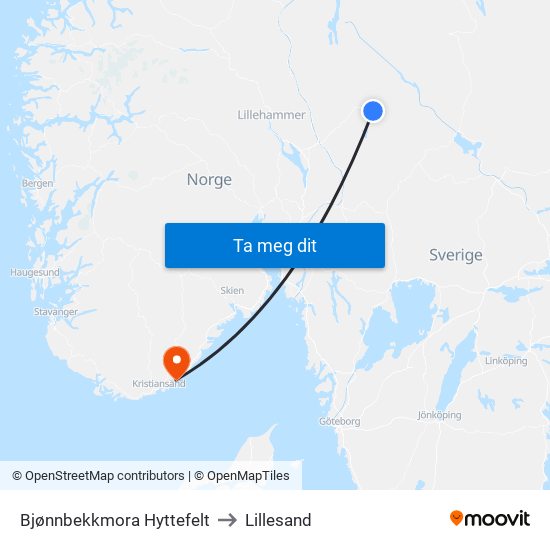 Bjønnbekkmora Hyttefelt to Lillesand map