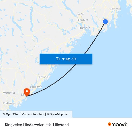 Ringveien Hinderveien to Lillesand map