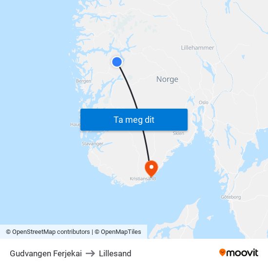 Gudvangen Ferjekai to Lillesand map