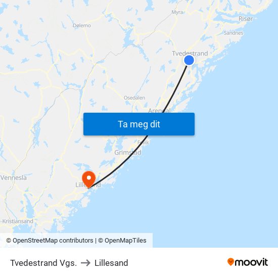 Tvedestrand Vgs. to Lillesand map