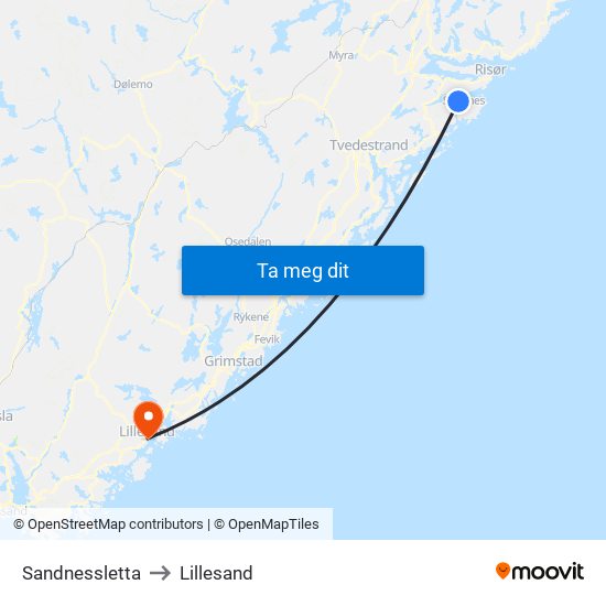 Sandnessletta to Lillesand map