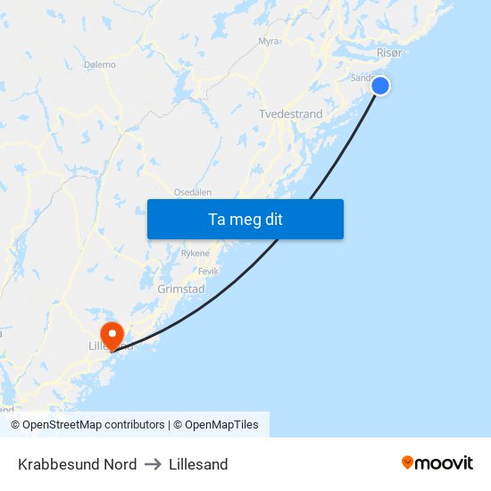 Krabbesund Nord to Lillesand map