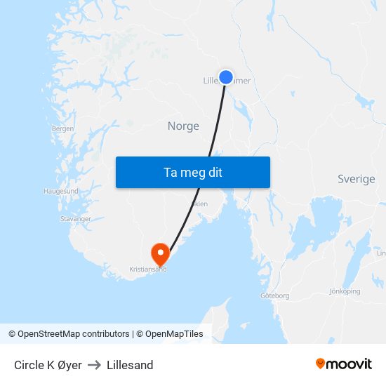 Circle K Øyer to Lillesand map