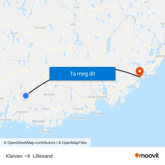 Kleiven to Lillesand map