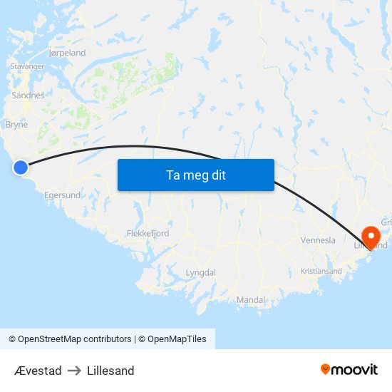 Ævestad to Lillesand map