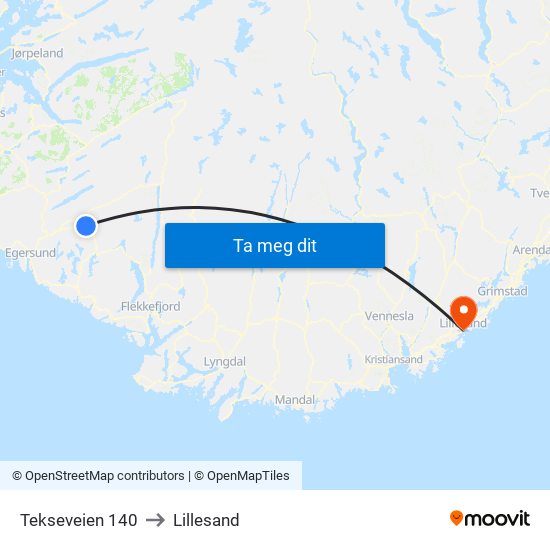 Tekseveien 140 to Lillesand map